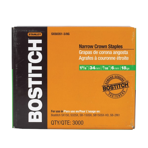 Bostitch Staples, 18 ga, Narrow Crown, 1-3/8 in Leg L, Steel, 3000 PK SX50351-3/8G - main